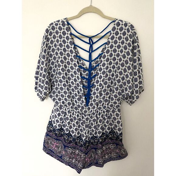 Lulus Bright Alright Ivory Blue Print Romper Surplice Bodice Open Back Sz XL - Picture 3 of 10